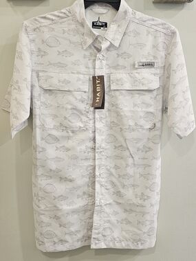 Men’s Short-Sleeve Fishing Print Shirt in White